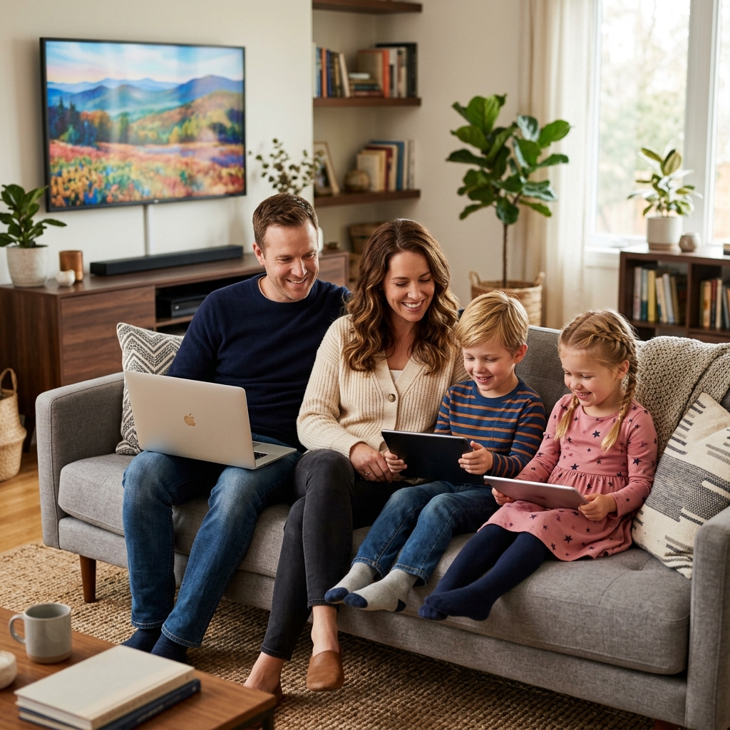 Family working online at home