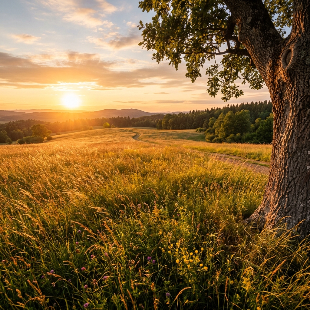 Sunlit field with tree trunk at golden hour